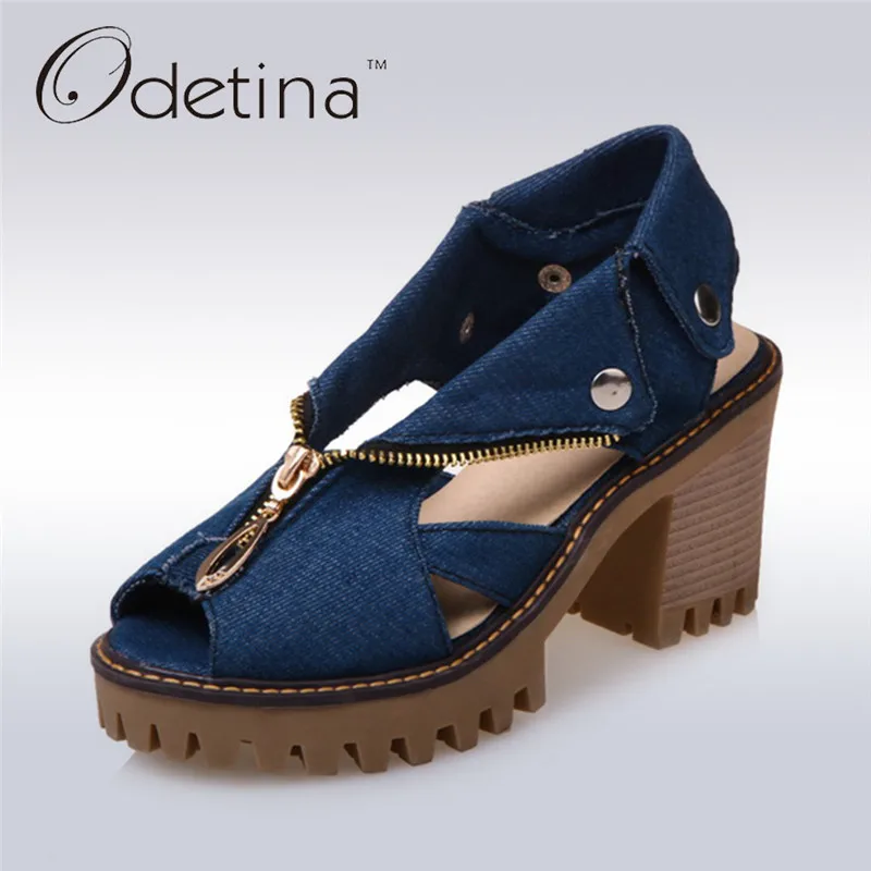 Женские джинсовые сандалии Odetina повседневные на платформе с квадратным