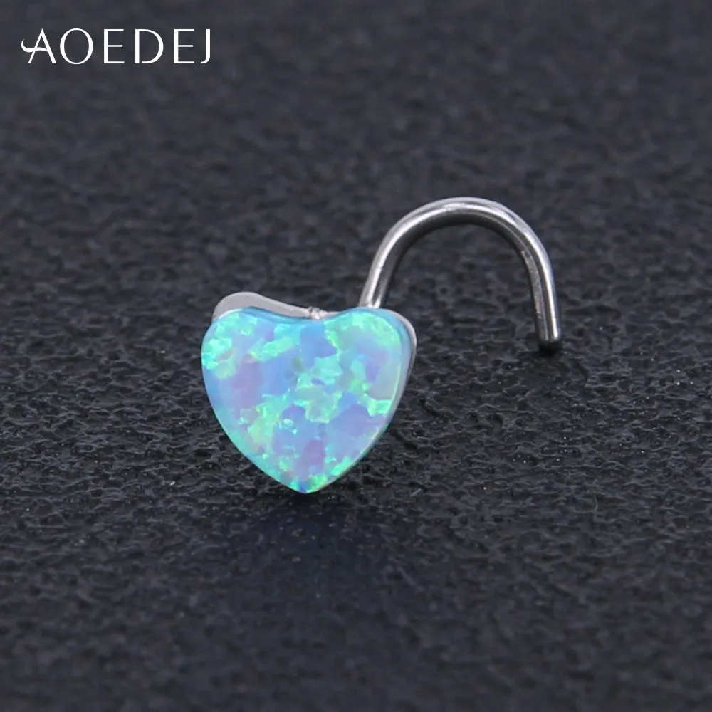 AOEDEJ 3 цвета сердце нос шпилька для пирсинга, из нержавеющей стали синий природный камень опал кольца и штанги в нос украшение для пирсинга носа
