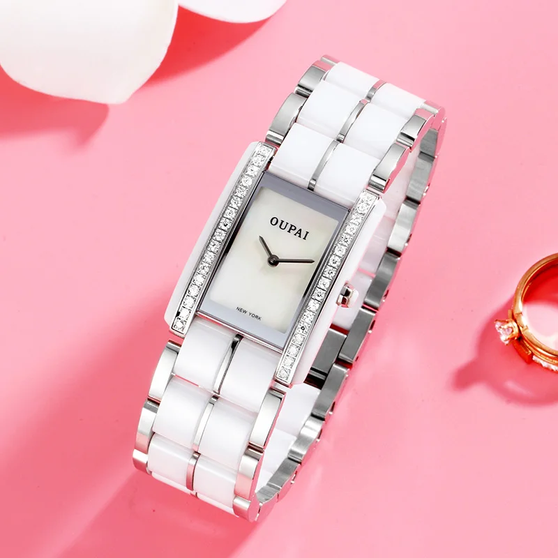 White Ceramic 8009 OUPAI Fashion Square Ceramic Women Watch Rectangle Sapphire Swiss move Watch Lady Water Resistance Diamond Fashion Watch Woman - Цвет: White Ceramic 8009