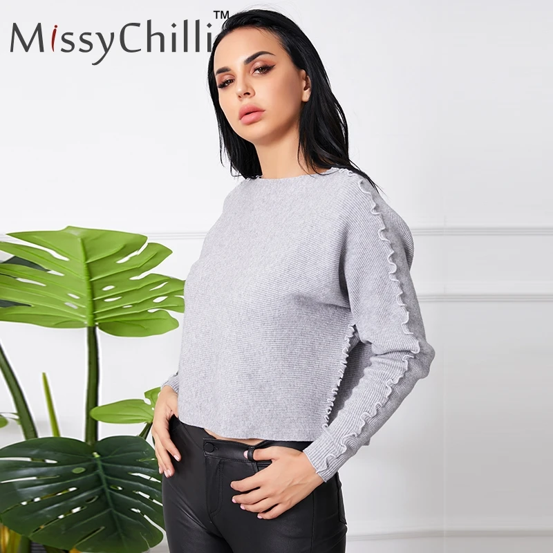 Женский вязаный свитер MissyChilli серый с длинным рукавом и волнистым люрексом |
