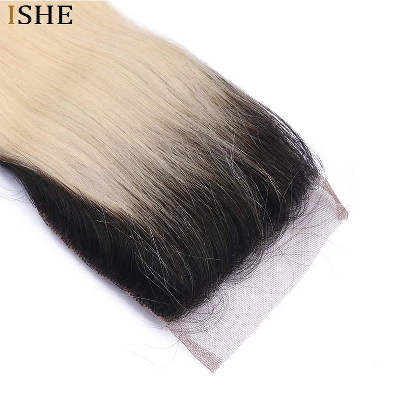 ISHE Ombre светлые прямые волосы швейцарское кружево 4*4 Кружева закрытия с детскими