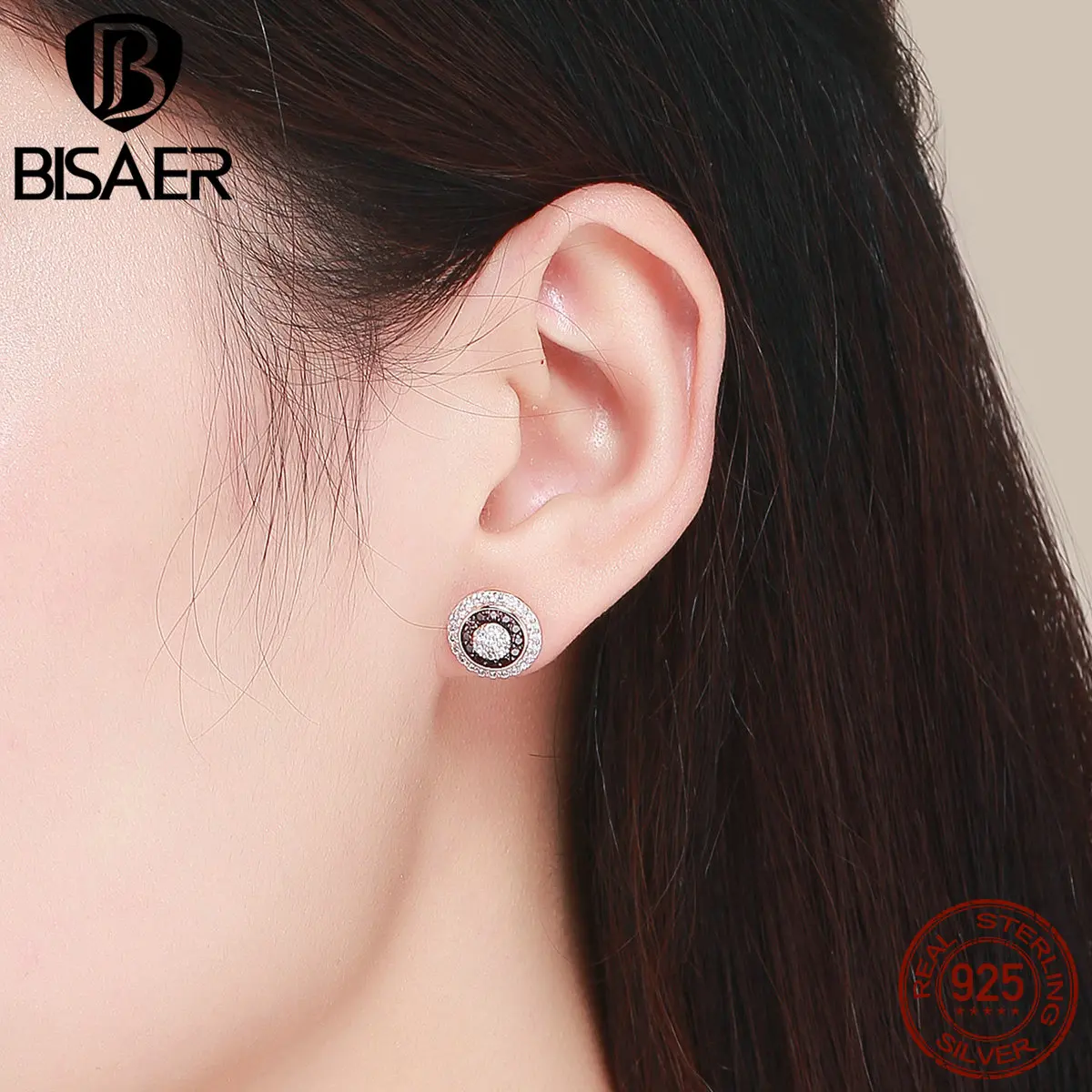 BISAER, настоящие 925 пробы, серебряные круглые серьги-гвоздики для женщин, простые маленькие серьги с цирконием, ювелирные изделия ECE509