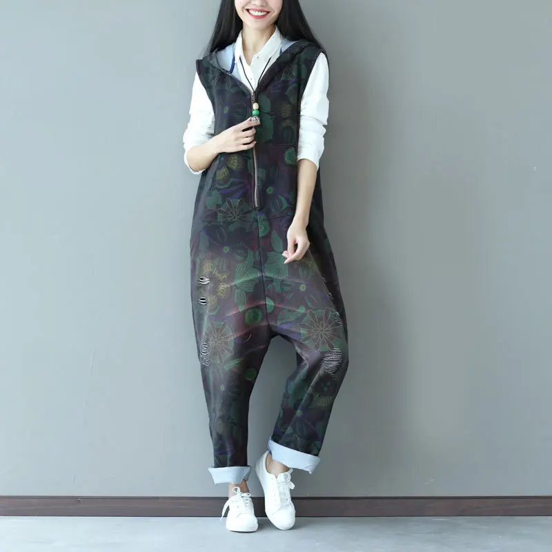 Plus Size Denim Jumpsuit Cotton 2019 Autumn Winter Loose Rompers Womens Casual Print Overalls for Women Jeans Woman New |