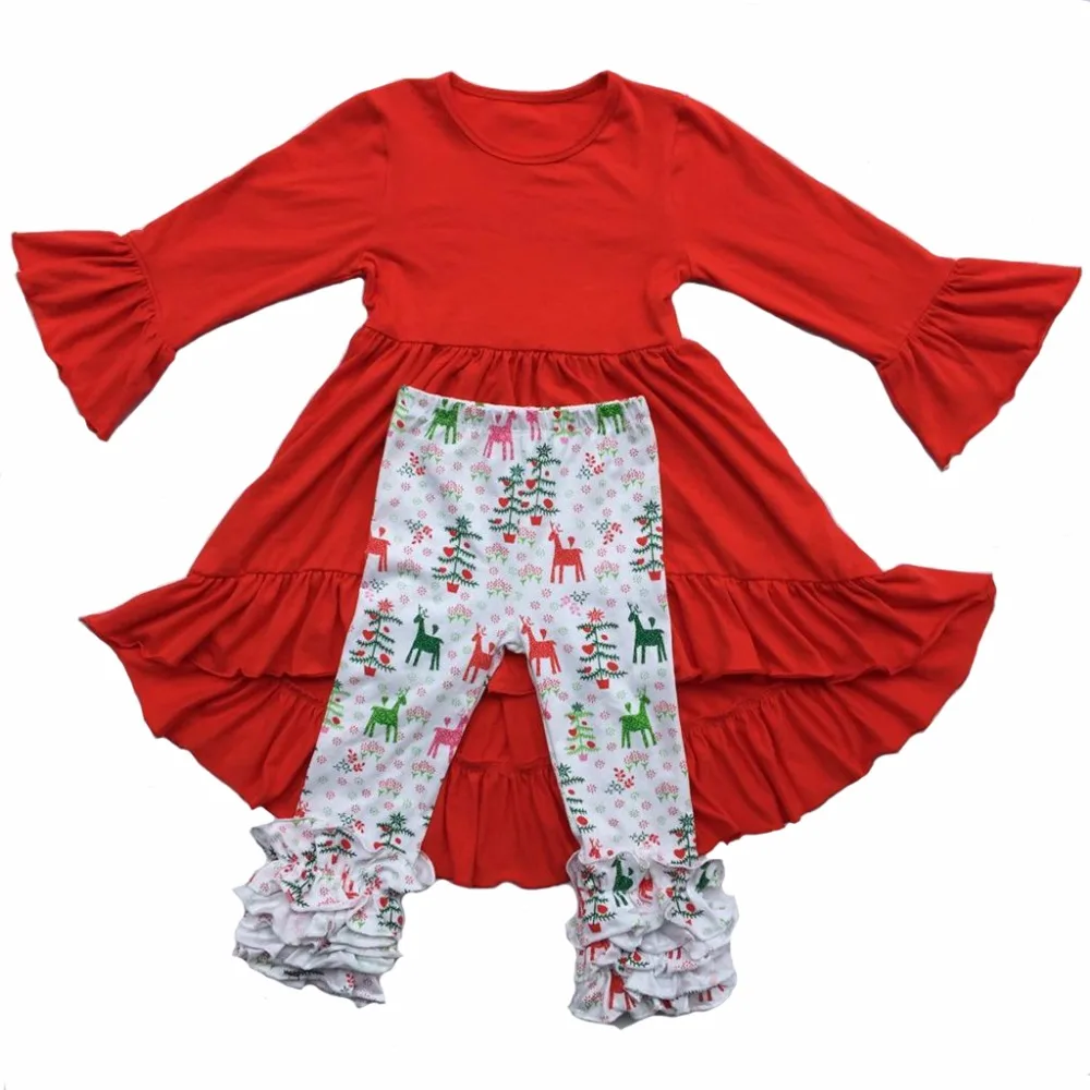 Рождественское красное платье с длинными рукавами оборками и принтом оленя