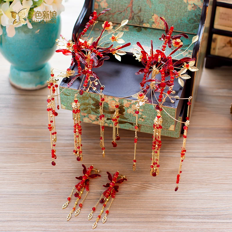 Китайский невесты головной убор костюм заколки красная бабочка шпильки