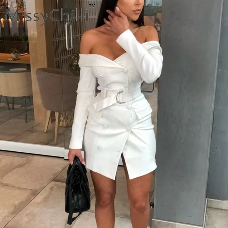 Женский блейзер с поясом MissyChilli Белое Облегающее платье открытыми плечами и