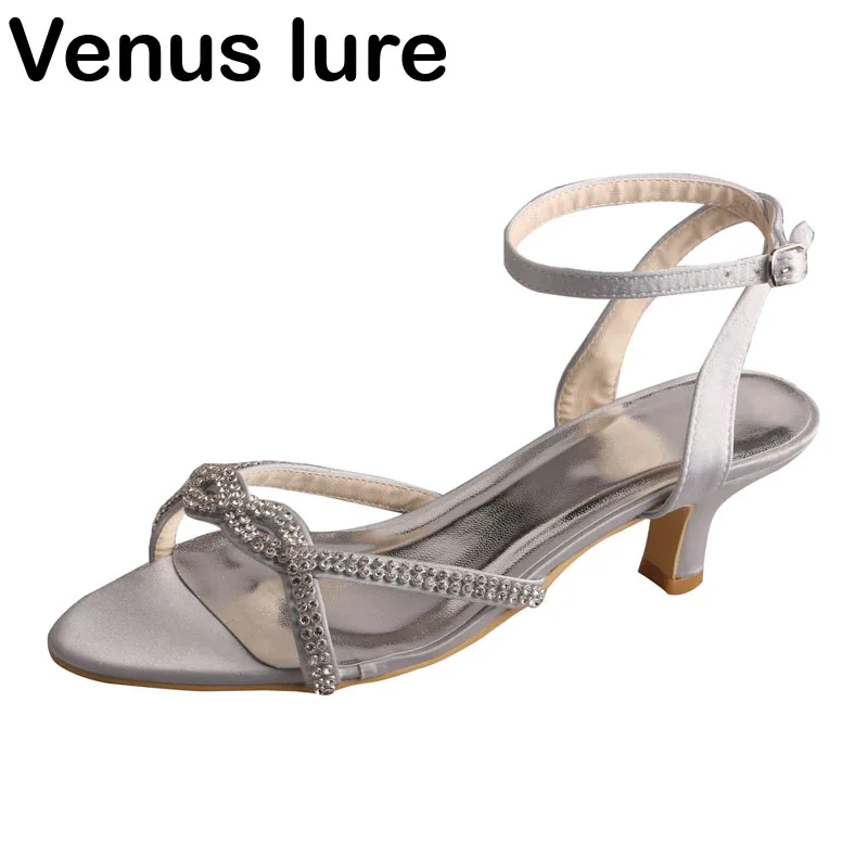 

Clearance Low Heel Silver Ankle Strap Womens Sandals for Wedding with Rhinestones