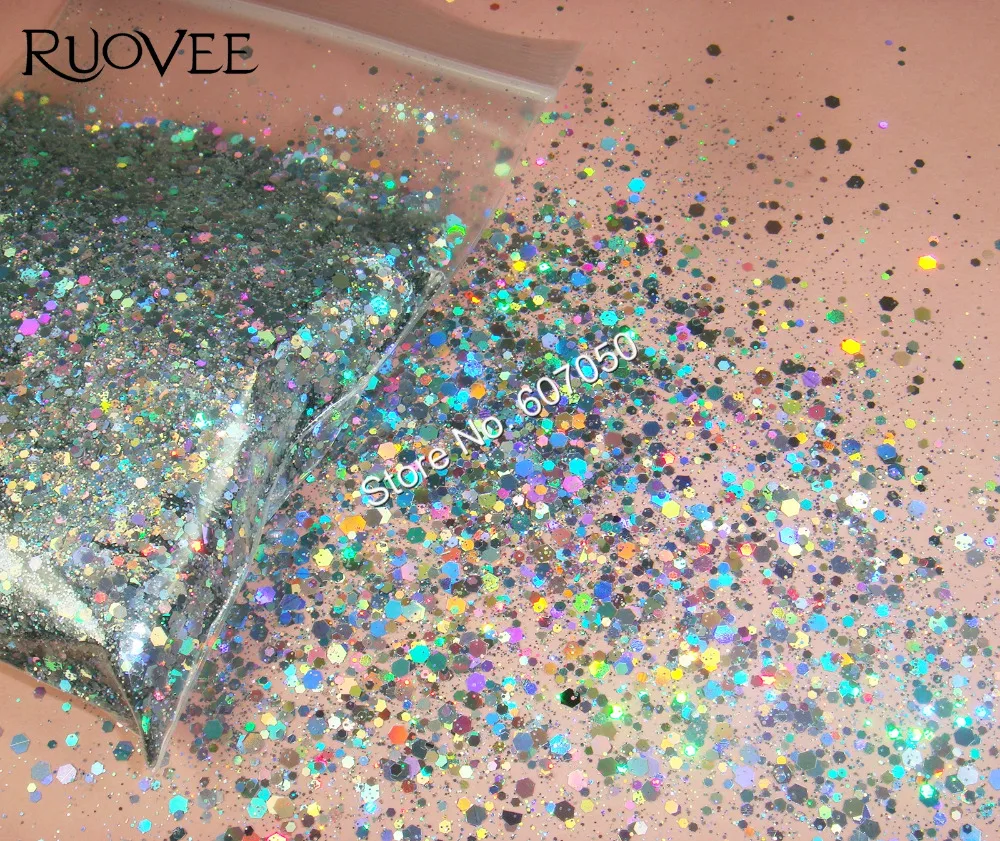 

Solvent Resistant Holographic Laser Silver Glitter Mix Hexagon Powder Shape for DIY Nail Polish Makeup Gel Acrylic Craft Art