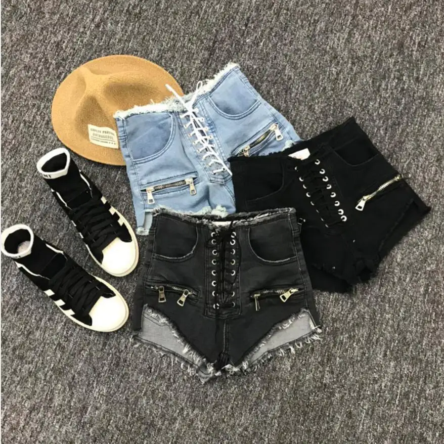 

Fanco Summer New Fashion Zipper Sexy High Waist Shorts Female Blue Black Grey College Style Lace Up Korean Denim