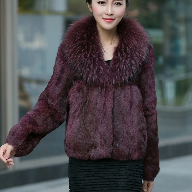 

Natural Rabbit Fur Coats Outerwear Elderly Lady Vintage Real Fur Jackets With Genuine Raccoon Dog Fur Collar 2019 Autumn Winter