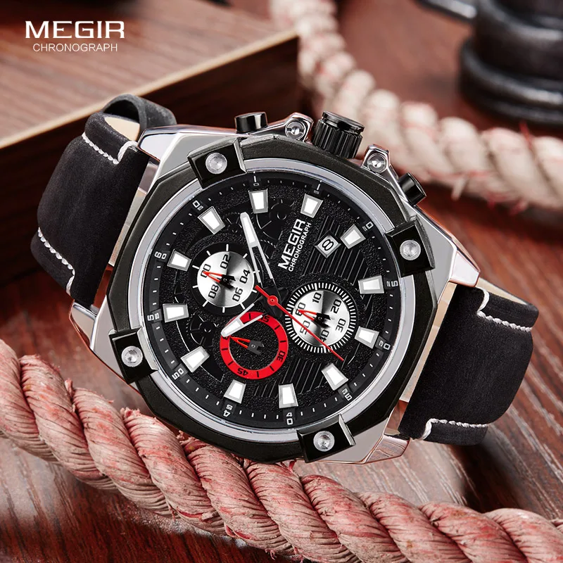 Мужские наручные часы Megir аналоговые кварцевые с хронографом кожаным ремешком