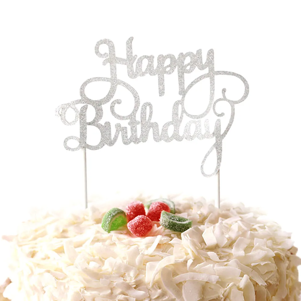 Silver Кекс торт Топпер флаги с надписью Happy birthday двойные палочки для семьи день рождения приборы для декорации выпечки GQ999 - Цвет: Silver