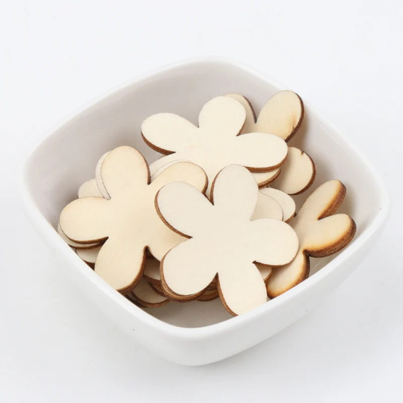 15/20/25/35mm 50pcs Natural Wooden Flower Pattern Scrapbooking Art Collection Craft For Handmade Sewing Decoration