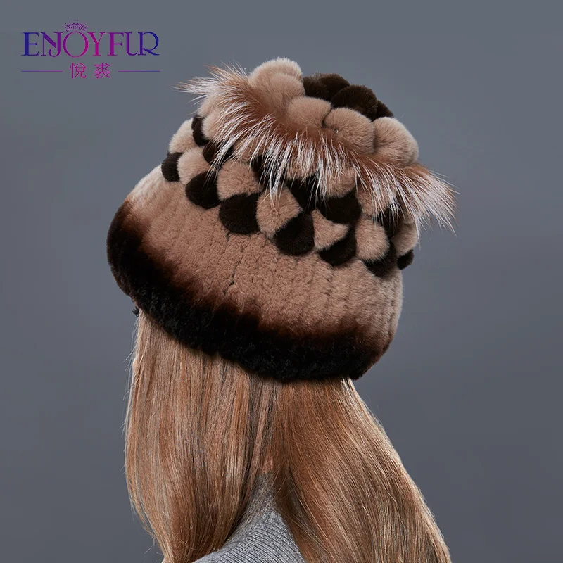 Enjoyfur естественно кролика рекс меховая шапка женские теплые зимние шапки с Silver Fox