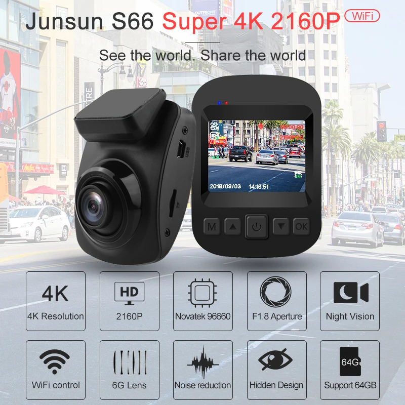 Junsun S66 автомобиля Камера видеорегистраторы 4 K 2160 P 60fps WI FI 2018 Тип мини