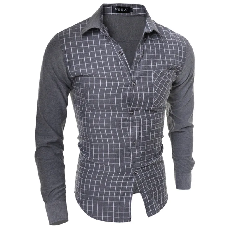 Men's new hot fashion the perfect grid splicing long-sleeved shirt personality cultivate one's morality leisure business | Мужская