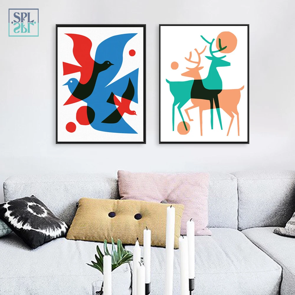 SPLSPL скандинавские Декоративные животные Холст Искусство Плакат олень птицы тени