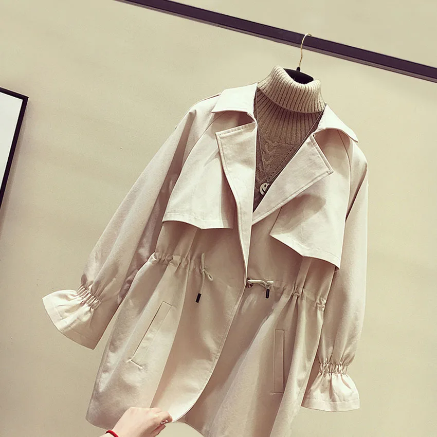 Fashion drawstring slim waist trench coat women turn down collar loose fit jacket 2019 autumn winter | Женская одежда