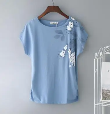 blue Женские футболки из хлопка, новые летние футболки свободного силуэта с короткими рукавами с цветочным принтом, Элегантные повседневные топы для девушек, большие размеры, топы J240 - Цвет: blue