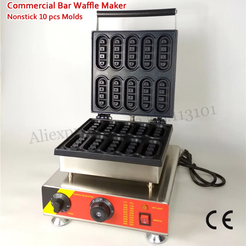 

110V 220V Electric Bar-shape Small Waffle Baker Machine Nonstick 10 Molds 1500W with Timer and Temperature Controller