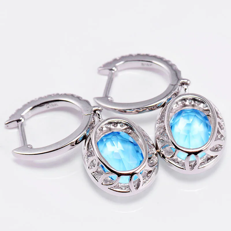 

LOVERJEWELRY Vintage Dangle Earrings Oval 7x9mm 14Kt White Gold Diamond Blue Topaz Earrings Wedding Jewelry For Women