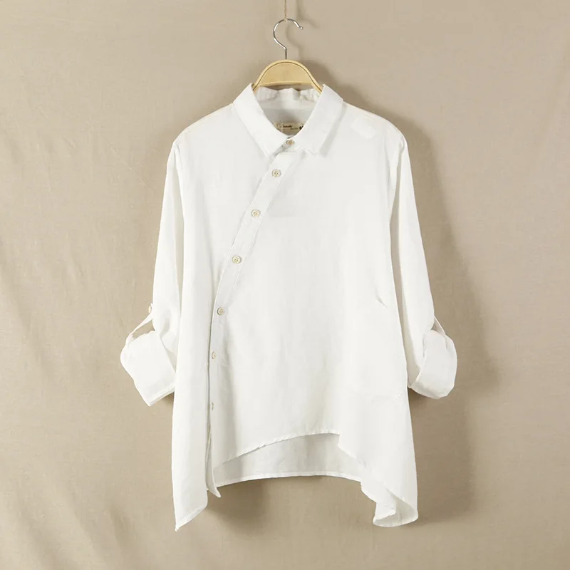 Женская Асимметричная свободная льняная рубашка в стиле Харадзюку хлопковая с