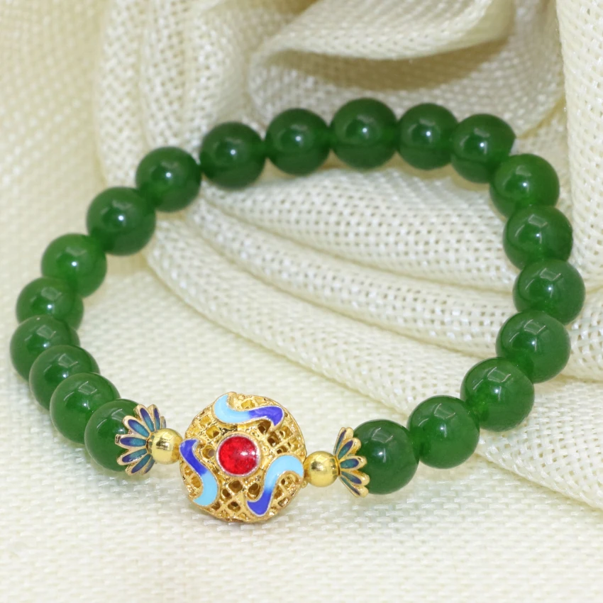 Модные женские браслеты 8 мм натуральный зеленый Тайвань камень нефриты Халцедон