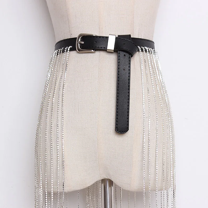 TOYOOSKY 2019 Sexy Women Belts For Bling Bling Long Drill Tassels Lady  PU Waist Black Belts of Party Nightclub for Jeans Dress