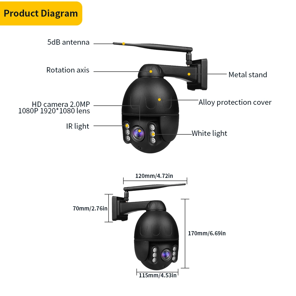 Наружная купольная камера 1080P WIFI корпус из алюминиевого сплава PTZ безопасности IP