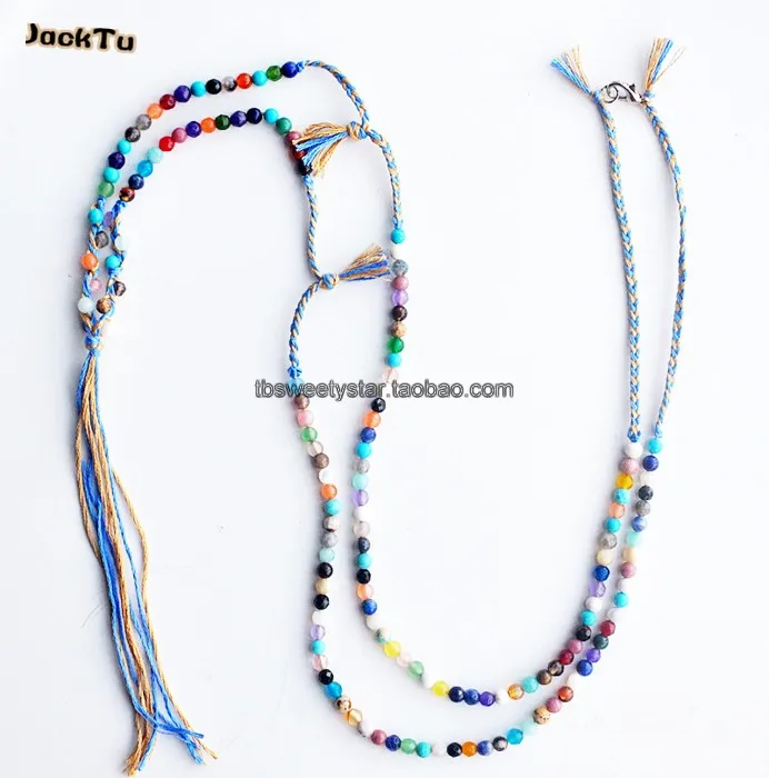 

handmade mixed natural stone cotton long necklace for women
