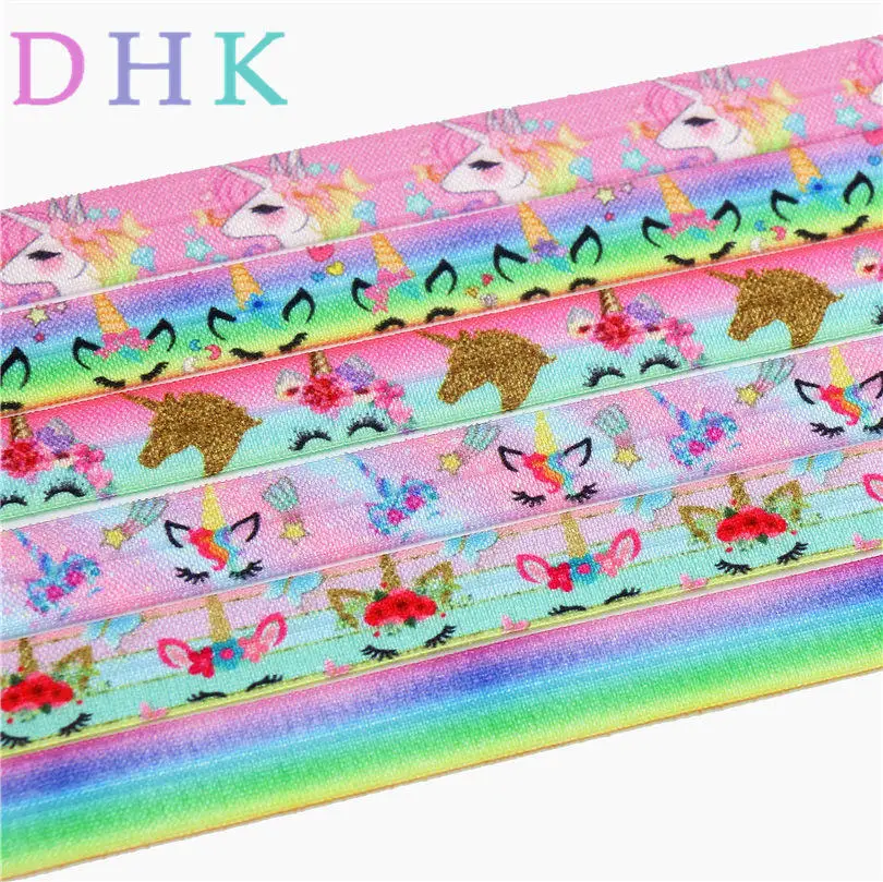 

DHK 5/8'' Free shipping unicorn face gradient colors printed Fold Elastic FOE headband headwear hairband DIY decoration OEM S730