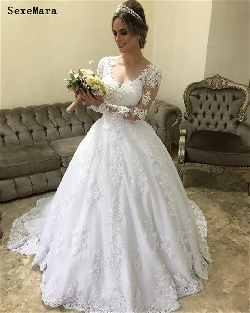 A Line White Wedding Dresses Lace Appliques Long Sleeve Sweep Train Bridal Gown vestido de novia High Quality Custom Made | Свадьбы и