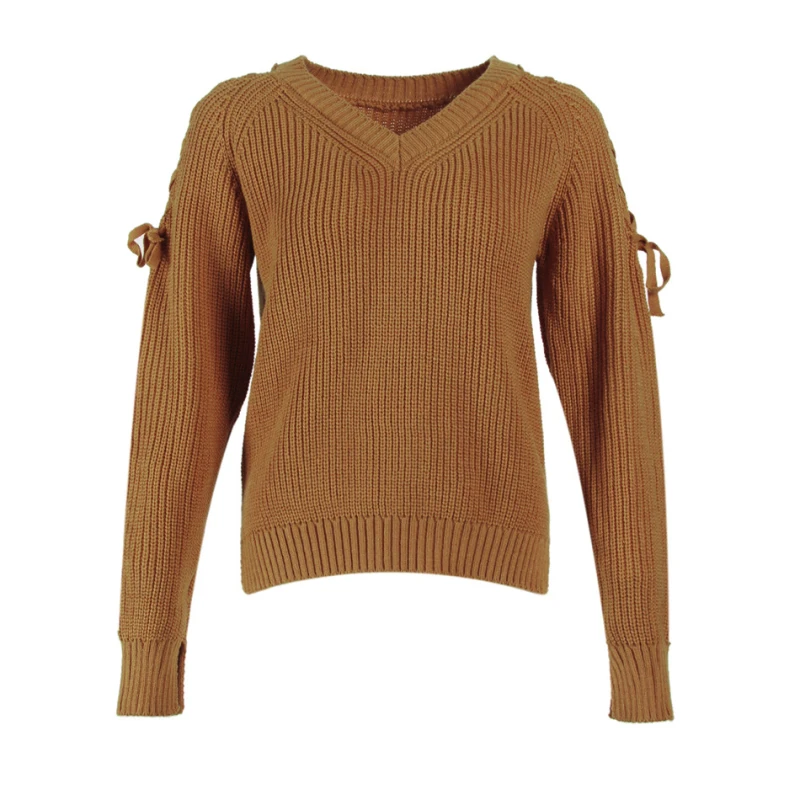 Off The Shoulder Sweater Women Fashion Lace Up V-Neck Hollow Out Long Sleeve Knitted Pullover Loose Tops | Женская одежда