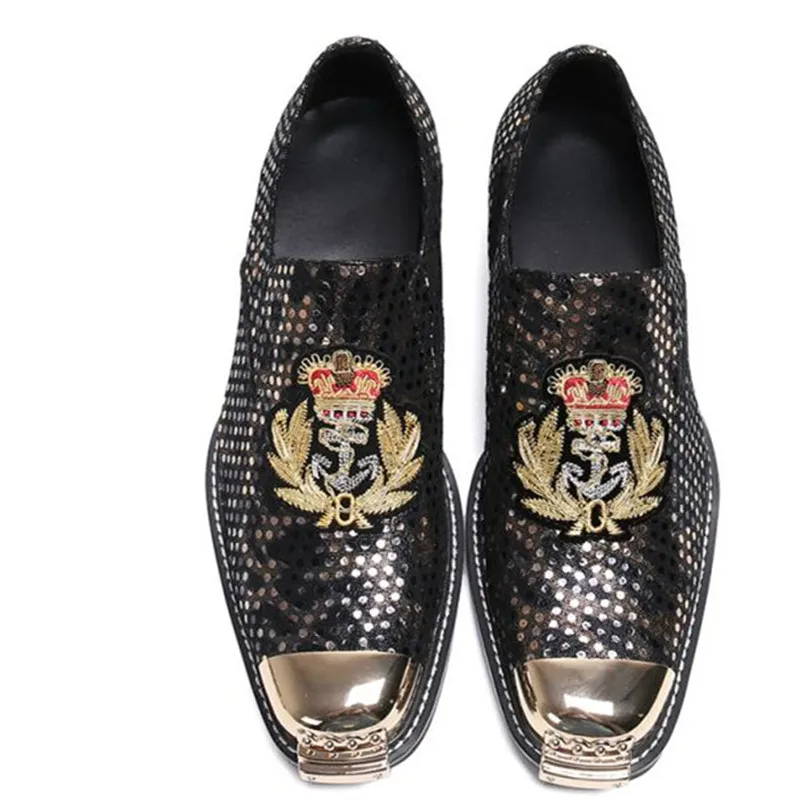 

Quality cow leather iron toe slid-on shoes print black mid heel bead handmade personality men shoes