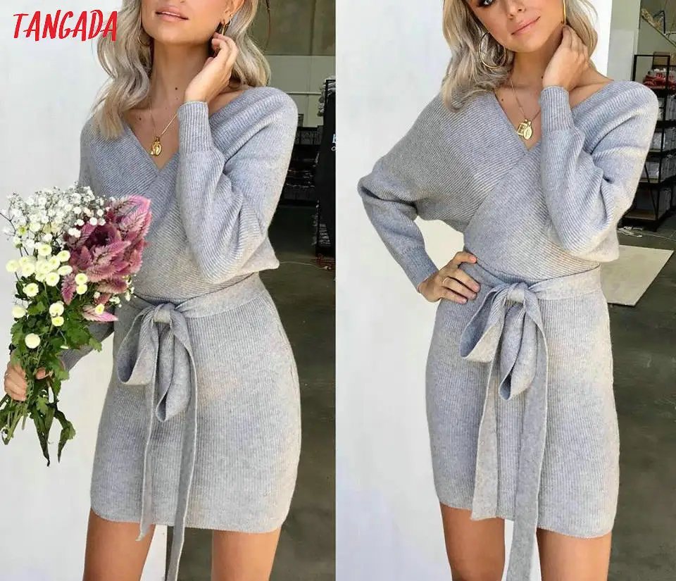 Tangada вязаное платье теплое платье с рукавом летучая мышь короткое платье платье мини платье с поясом серое платье осеннее платье зимнее платье платье с открытой спиной платье с запахом V-образный вырез ADY08