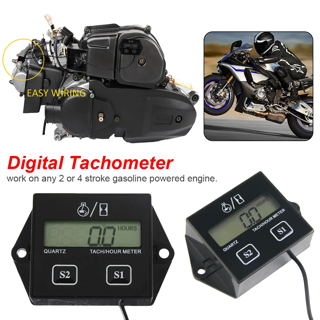 1Pc Digital Engine Tach Hour Meter Tachometer Gauge Inductive Display For Motorcycle Motor Marine Boat Engine spark sensor