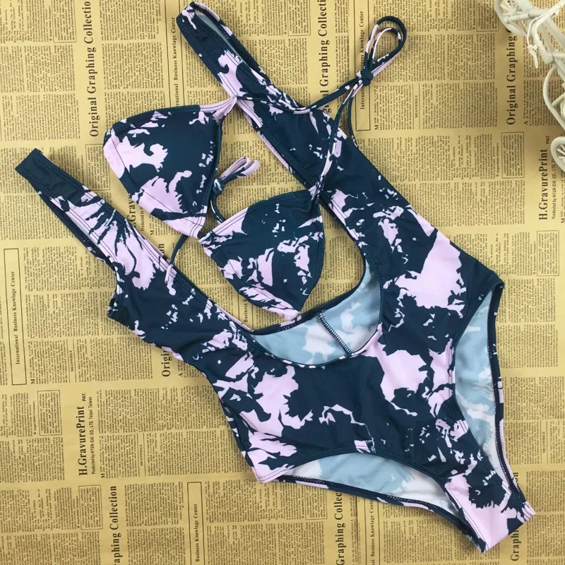 Купальник с принтом высокой талией фиолетовый | Спорт и развлечения