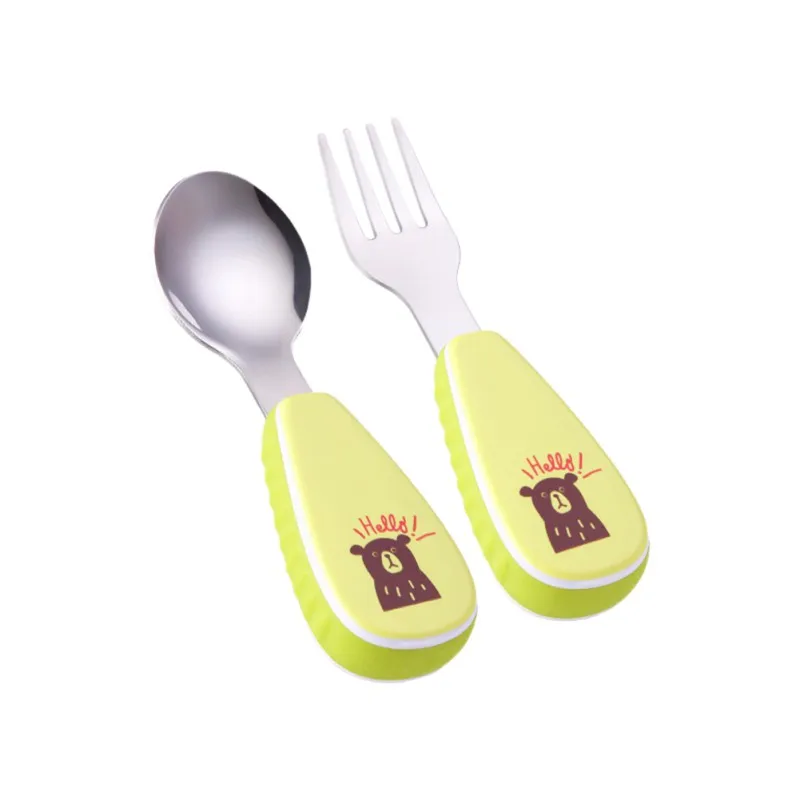 Juego de 2 unids/set de mesa para beb&eacute;, esponja de alimentaci&oacute;n con estampado encantador de dibujos animados para beb&eacute;, cuchara de alimentaci&oacute;n + tenedor, cuchara de acero inoxidable para beb&eacute; 2018-5