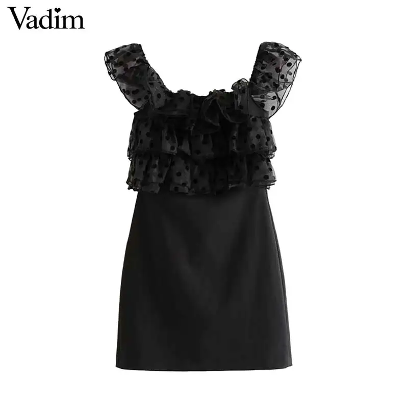 Женское элегантное платье vadim в горошек черное мини без рукавов с оборками стиле