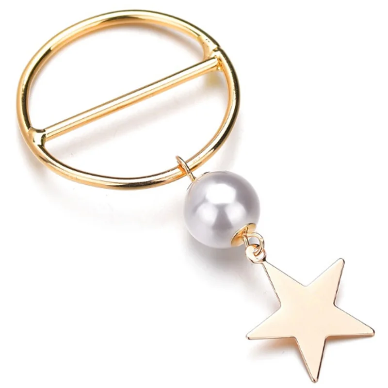 Alloy Hollow Round Neck Silk Scarf Buckle Brooch Female Gold Color Five-Pointed Star Imitation Pearl Pendant Shawl | Украшения и