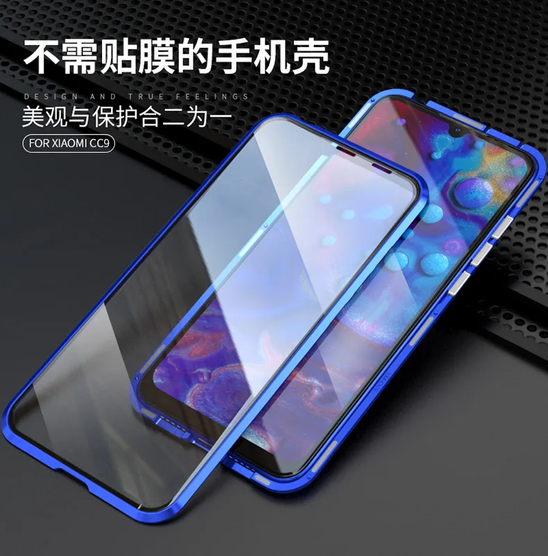 Передняя Задняя стеклянная Магнитная крышка для Xiaomi A3 Lite чехол Прозрачный Роскошный Алюминиевый металлический магнит чехол 360 полная защита