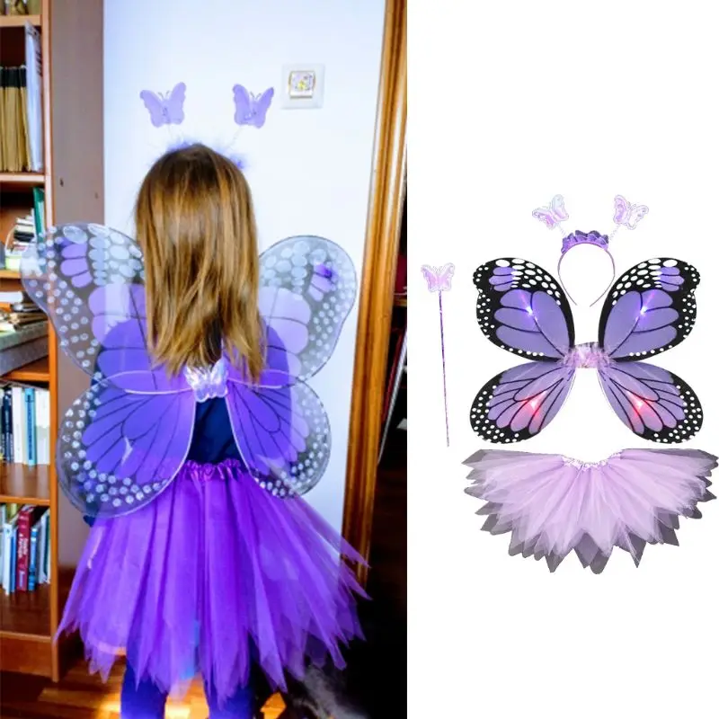 

Adult Kids 4Pcs Fairy Costume Set LED Simulation Butterfly Wings Pointed Tutu Skirt Headband Wand Princess Girls Party Up
