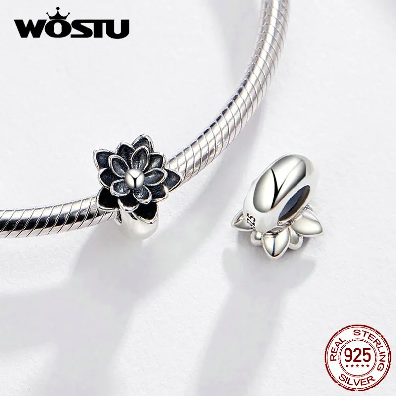 WOSTU S925 бусины Лотос Аутентичные 925 стерлингового серебра Шарм Бусины Fit Браслет и