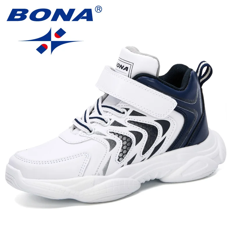 White deep blue BONA/ детская повседневная обувь; эластичный кружевной светильник; детская обувь; кроссовки для мальчиков и девочек; дышащая спортивная обувь с высоким верхом - Цвет: White deep blue