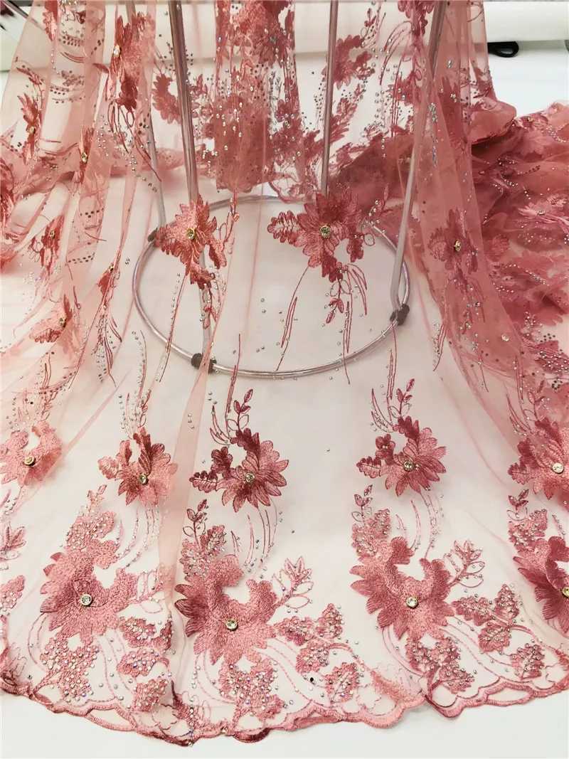 

Embroidered tulle lace fabric with rhinestones high quality african lace fabric beautiful nigerian lace fabric for party FRT-09