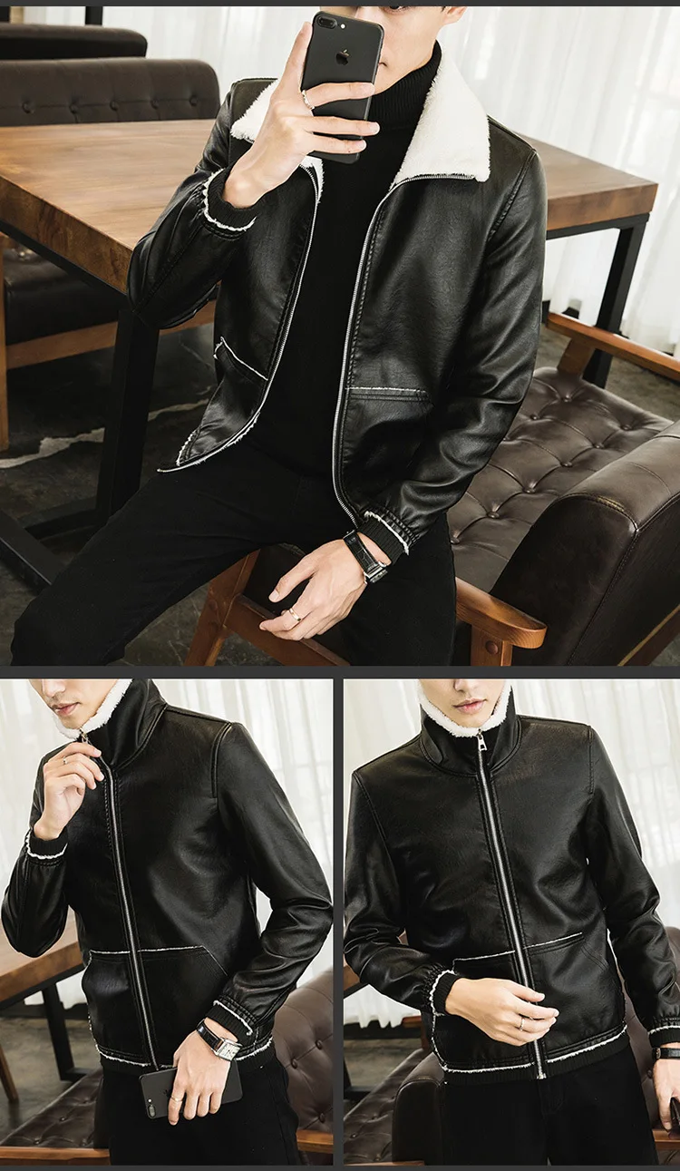 Новинка 2018 мужская кожаная куртка из искусственного меха с длинными рукавами и