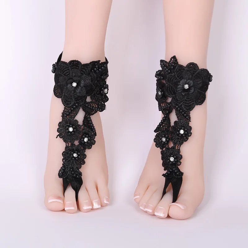 

Black Barefoot Sandals Beach Pool Wear Toe Ring Anklet Nudeshoes Foot jewelry Victorian Lace Yoga Shoes Bridal Anklet Pearls
