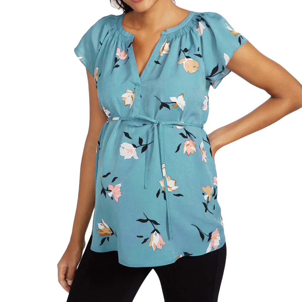 Одежда для беременных с цветочным принтом футболка треугольным вырезом