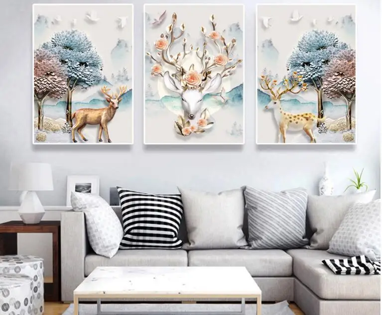 

Hot Selling Western Style 3 Pieces Fortune Trees Deers Living Room Decor Wall Art Pictures Unframed Animal Print And Poster