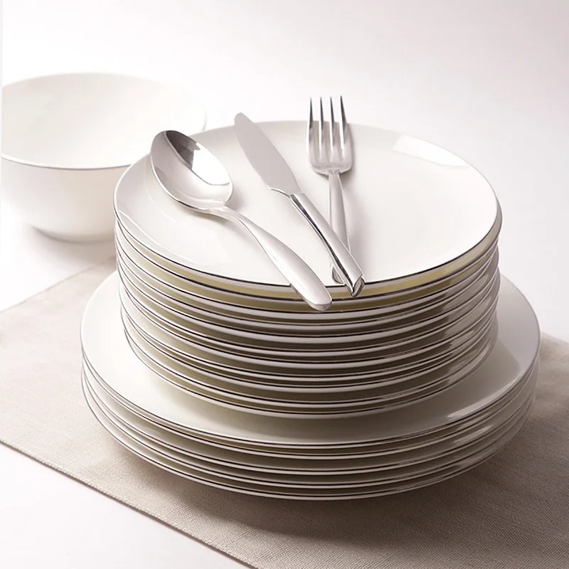 

Dinnerware High Quality Plate Dish White Porcelain On-glazed Round 8 Inches 10 Inches Platinum Rim Steak Plates Food Cake Dishes